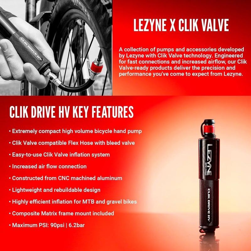 LEZYNE CLIK Drive Hand Pump - Compact Lightweight CNC-Machined Aluminum Bicycle Tire Inflation Pump for Road, MTB & Gravel Bikes | Flex Hose, Frame Mount Included - Image 2